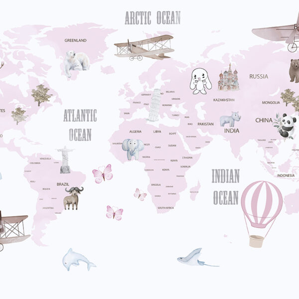 3D Duvar Kağıdı Pembe Çocuk Haritası