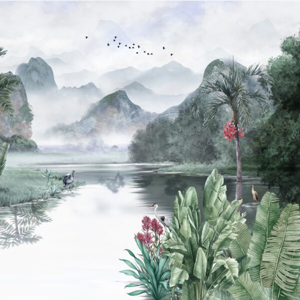 3D Duvar Kağıdı Göl ve Dağ Tropikal Desenli