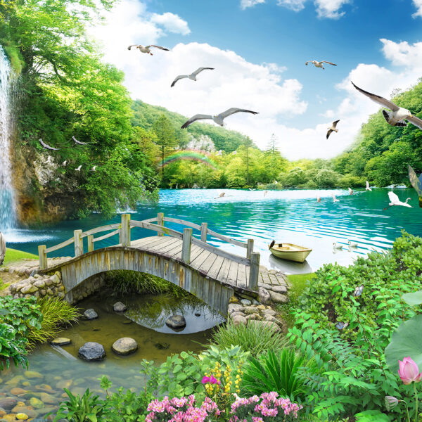 3D Duvar Kağıdı Şelale ve Köprü Desenli