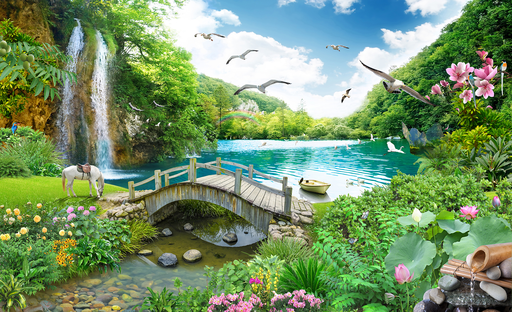 3D Duvar Kağıdı Şelale ve Köprü Desenli 3D Duvar Kağıdı Şelale ve Köprü Desenli